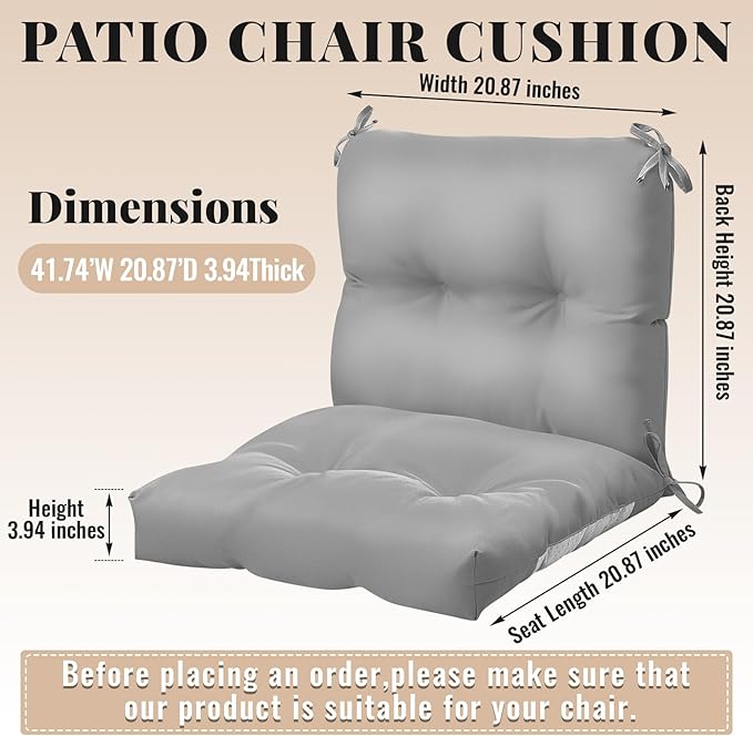 Geetery Set of 4 High Back Wicker Patio Chair Cushions for Outdoor Furniture 41.74x20.87x3.94 Inch Waterproof Thick Replacement Seat Pads with Non Slip Ties for Porch, Deck, Lawn & Garden(Light Grey)