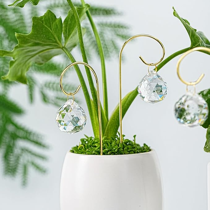 HDCRYSTALGIFTS 9pcs 30mm Crystal Ball Prism Suncatchers with 7.5'' Gold Plant Pot Trellis for Miniature Garden and Potted Plant Decorations, Fairy Garden Sun Catchers for Indoor Plants Accessories