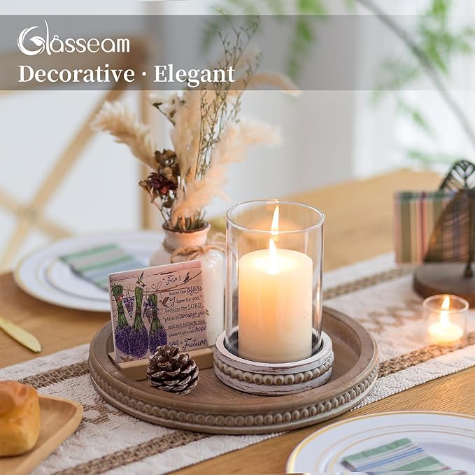 Glasseam Glass Hurricane Candle Holder, Decorative Candle Holders for Pillar Candles, Boho Candle Holders for Table Centerpiece, Glass Cylinder With Wood Beaded Candle Plate for Dining Room Decoration