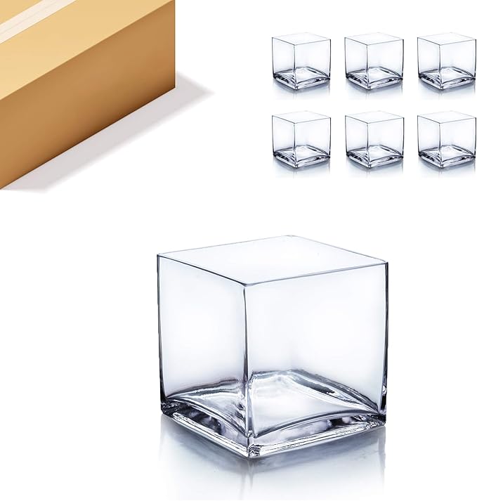 WGV Cube Glass Vase Bulk, Candle Holder, 6"x6"x6", Clear Elegant Floral Accent Container Planter Terrarium Storage for Wedding Party Ceremony Event Office Home Decor, 6 Pieces