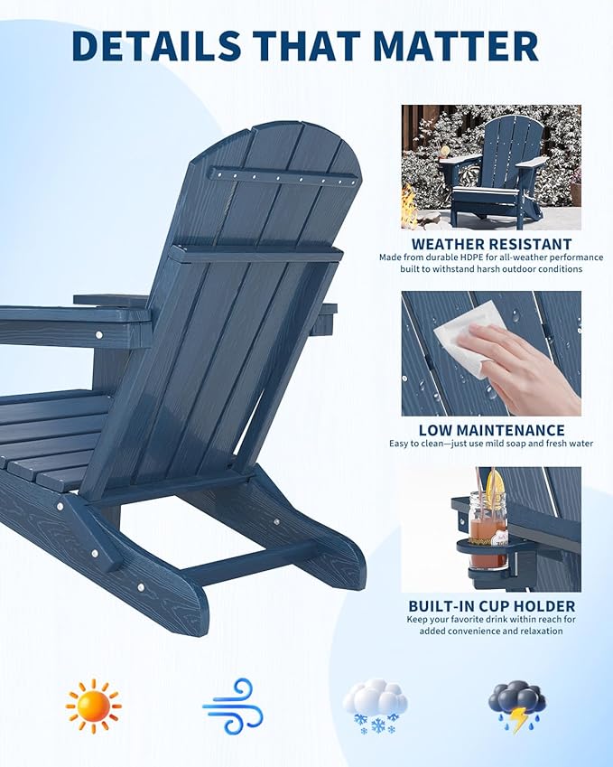 Folding Adirondack Chair Set of 2 with Side Table, All-Weather HDPE Outdoor Chair, Wooden Textured with Cup Holder for patios, Decks, Gardens, fire pits, Navy Blue