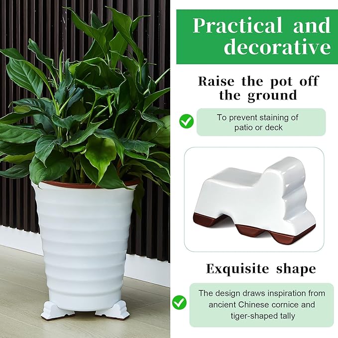 Kigeli 6 Pcs Resin Garden Pot Feet for Outdoor Planters 3 Inch Long 1.5 Inch Tall Flower Handmade Elevator Plant Feet Frost Proof Lifter for 14-20 in Pot (White,Classic)