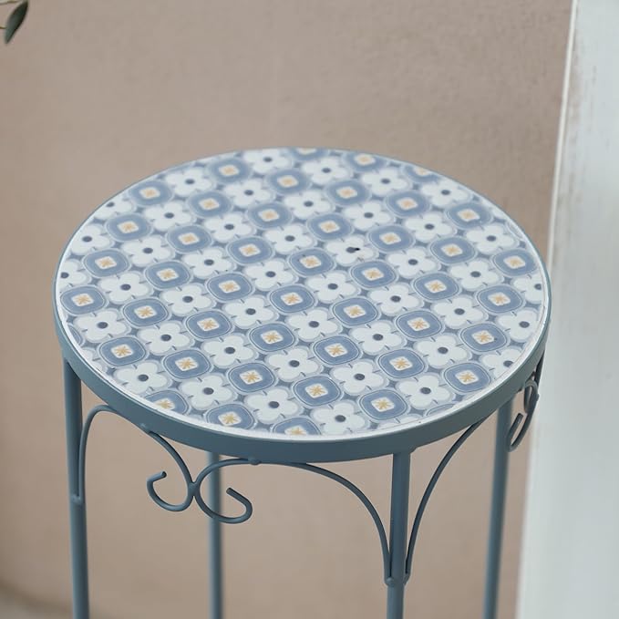 Metal Plant Stand Set of 3 Round Ceramic Top 28" Tall Mosaic Flower Stand Tile Nesting Display Side Table Indoor Outdoor Plant Rack Flower Holder for Wedding Party Patio Living Room Frame Stackable Garden Accessory Decorative Blue