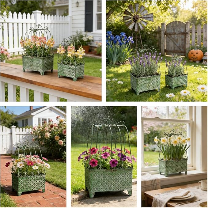 2-Piece Vintage Green Metal Birdcage Planter Set, Decorative Flower Pots with Ornate Design for Indoor Outdoor Garden Decor, Distressed Planters (Green)