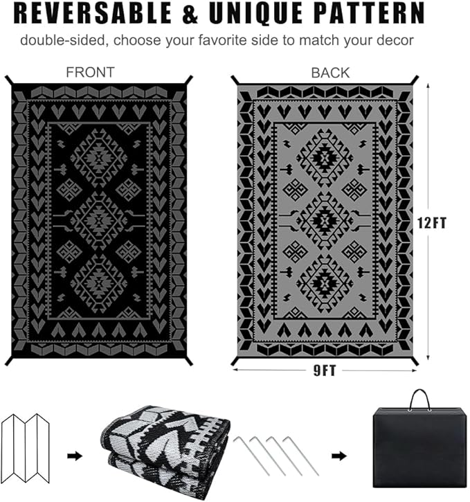 Pendolr Outdoor Rug 9’x12’ for Patios Clearance Waterproof Carpet Large RV Rugs Camping Rug Reversible Outside Rug for Patio Balcony Deck Backyard Picnic Beach Black&Gray 04#