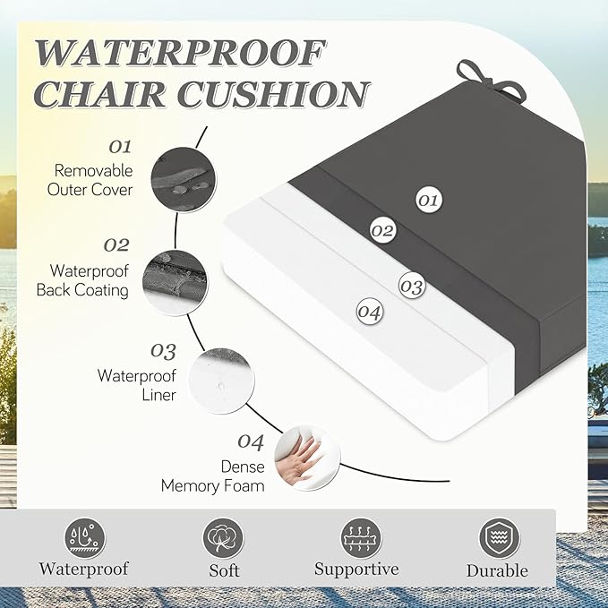 Waterproof Outdoor Chair Cushions Set of 2, Square Outdoor Seat Cushions with Ties and Removable Covers, 19 x 19 Outdoor Cushions for Patio Furniture with Portable Handle(Grey)