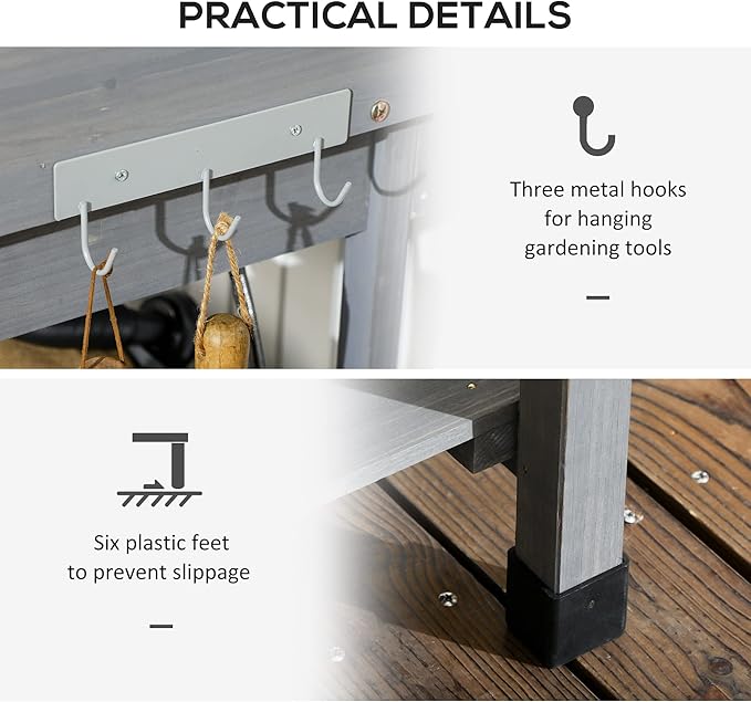 Outsunny Potting Bench Table, Outdoor Garden Table Wooden Work Station with Removable Sink, Faucet, Drawer, Shelves, Hooks, Gray