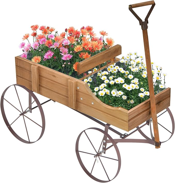 Wooden Wagon Planter, Decorative Garden Wheelbarrow Planter with 2 Planting Sections, Rolling Wheels, Adjustable Handle, Small Wagon Cart Planter Stand for Flowers Vegetables Herbs (Brown)
