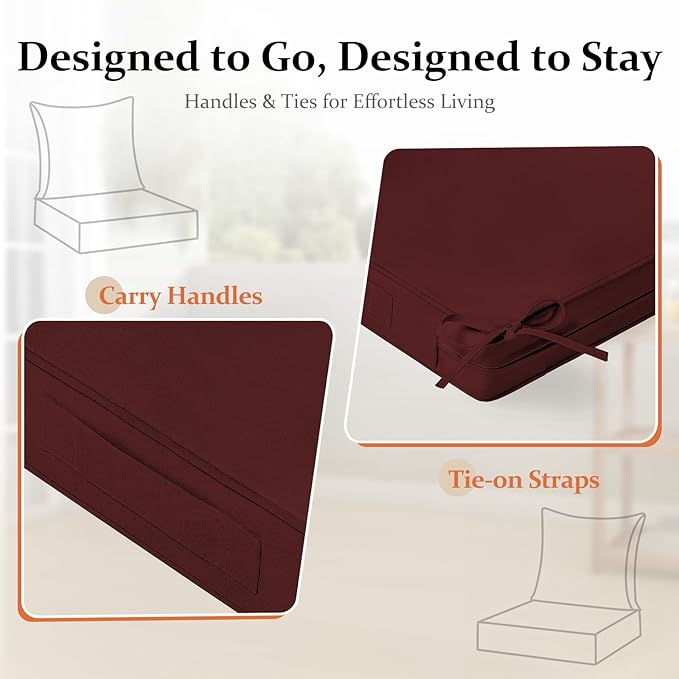 downluxe 19x19 Outdoor Chair Cushions, Waterproof Fade Resistant Patio Furniture Cushions with Handle & Removable Cover, Deep Seat Outdoor Cushions for Sofa, Couch and Patio Chairs, Burgundy