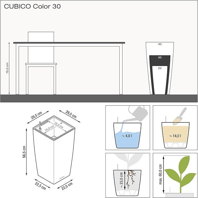 Lechuza 13138 Cubico Color 30 Self-Watering Planter for Indoor and Outdoor Use, 12" x 12" x 22", Slate
