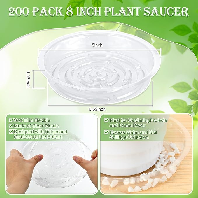 Thyle 200 Pack Clear Plastic Plant Saucer 8 Inch Plant Drip Tray Bulk Plant Water Catcher Tray Flower Pot Drip Trays Round Plant Drainage Tray for Indoor Planters Outdoor Garden Spring Supplies