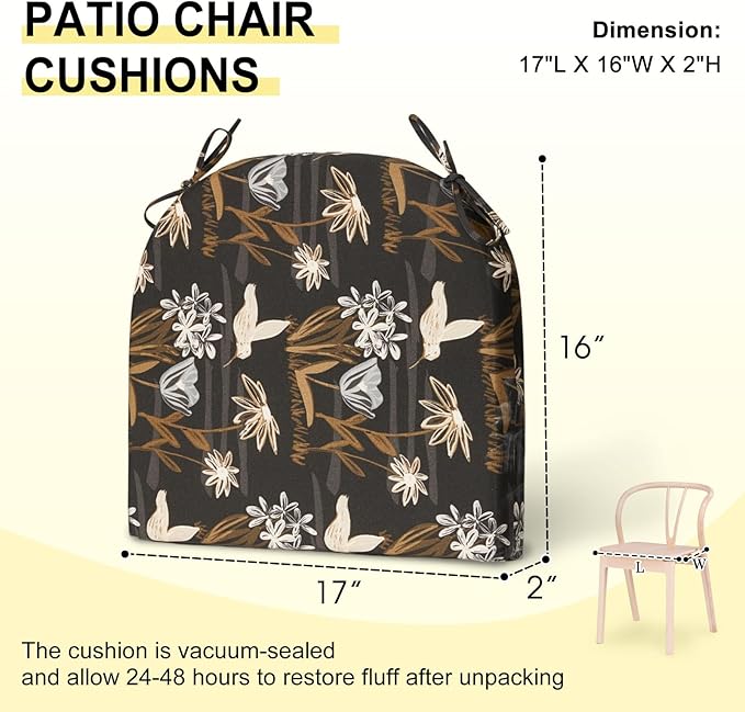 downluxe Outdoor Chair Cushions Set of 4 for Patio Furniture, Water-Resistant Patio Chair Cushions with Ties, High Density Foam Outdoor Seat Cushion, 17" X 16" X 2", Nightbird