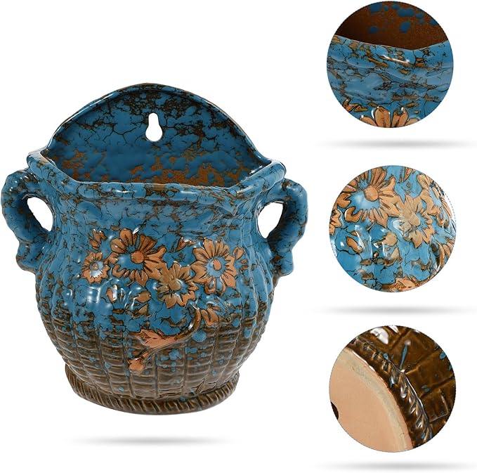 Ceramic Wall Mounted Succulent Flowerpot with Drainage Hole, Hanging Bonsai Plant Container for Indoor Garden Decor, Sturdy Ceramic Wall Planter Pot
