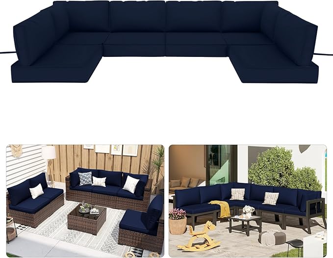 Patio Sectional Cushions, 14-Piece Replacement Cushions for Outdoor Furniture, Water-Resistant Outdoor Sofa Cushion for 6-Seat Rattan Wicker Sectional Conversation Sets (Navy Blue)