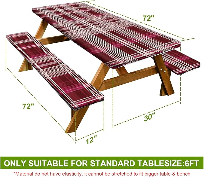 Picnic Table Cover with Bench Covers Set of 3 - Classic Red Black Buffalo Plaid Tablecloth, Elastic Fitted for 6 Ft Tables, Washable Polyester Cover for Camping, Indoor & Outdoor