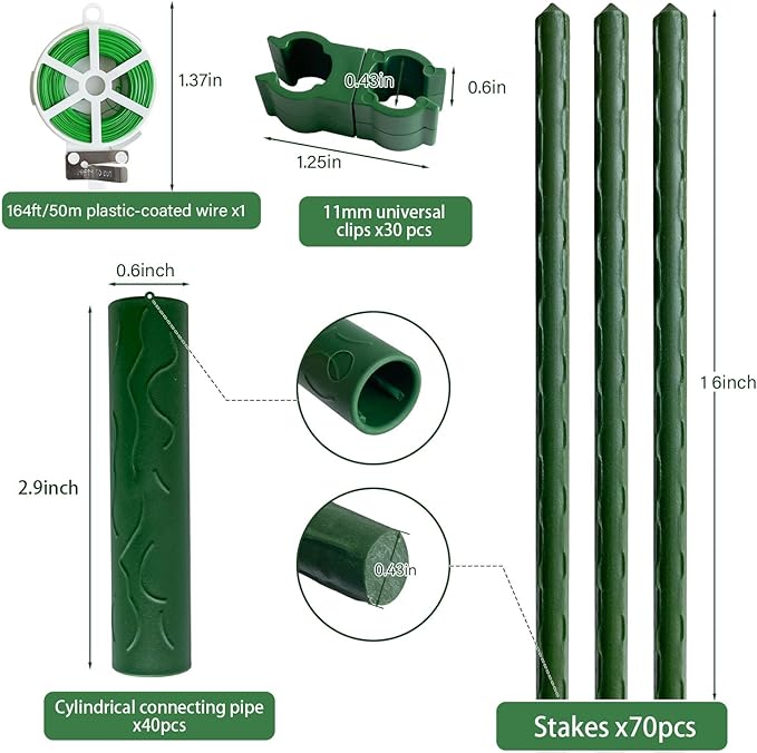 70 Pack Garden Stakes Set, 16 Inch Plant Stakes Support with 40 Connectors 30 Rotatable Clips 164ft Twist Tie for Growing Climbing Plants Vegetables