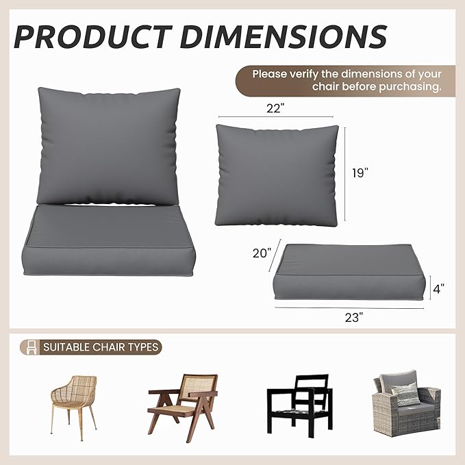 Amopatio Outdoor Cushions for Patio Furniture, Outdoor Chair Cushions Fits 8-seat Sectional Conversation Sets, Patio Replacement Seat Cushion for Patio Chairs (Grey)