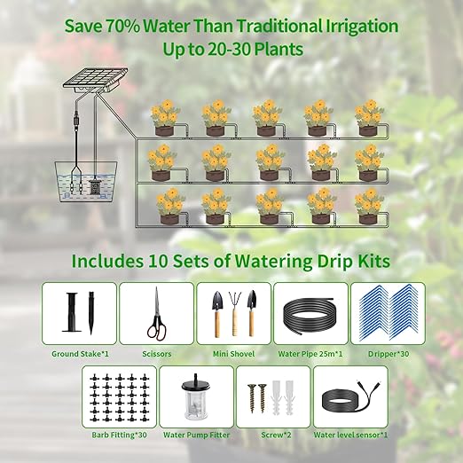82FT Solar Drip Irrigation System, Auto Watering Kit for 30 Pots, Solar-Powered Plant Watering, 25 Timer Modes, 900ml/min Flow Indoor/Outdoor Garden, Balcony & Patio Irrigation System