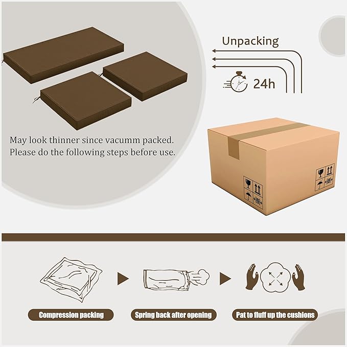 3 Pack Outdoor Replacement Cushions,36L x 18W x 3H,18L x 18W x 3H inch, High-Elastic Replacement Sponge for 4-Seater Water-Resistant Patio/Sofa with Removable Covers (Chocolate)