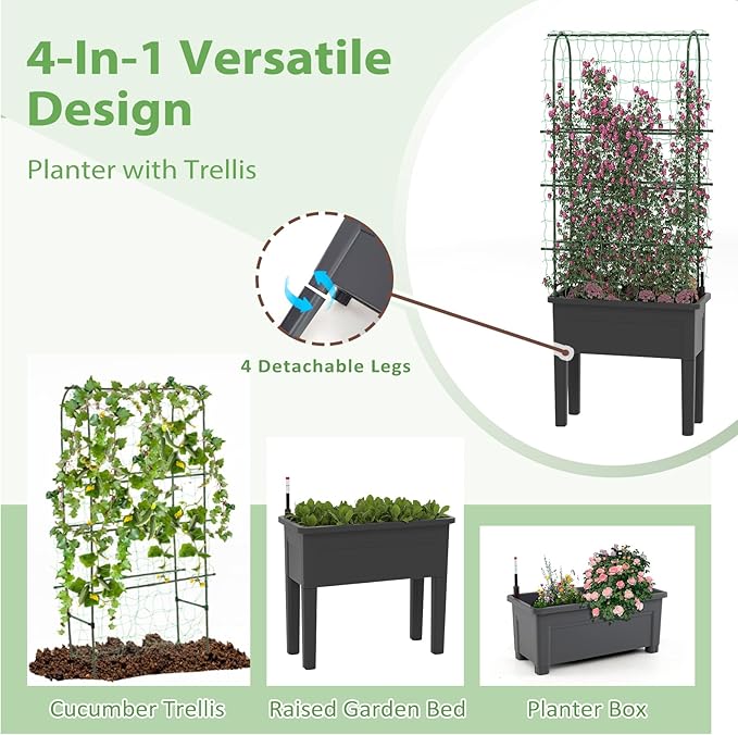 HAPPYGRILL 4-in-1 Raised Garden Bed with Climbing Trellis, Self-Watering Elevated Planter with Water Level Indicator, Drainage Hole, Outdoor Plastic Planter Box with 4 Detachable Legs for Garden Lawn