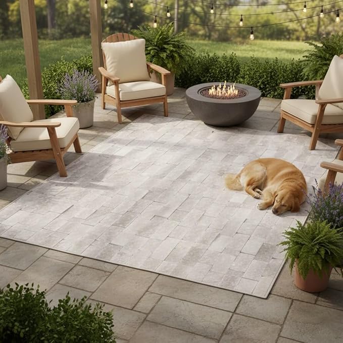 Natural White Rock Stone Outdoor Rug for Patio Deck Pool Balcony Garden Backyard Machine Washable Stone Print Outside Carpet 10x16 Foldable Easy Clean Waterproof Camping Rv Picnic Floor Carpets Mat