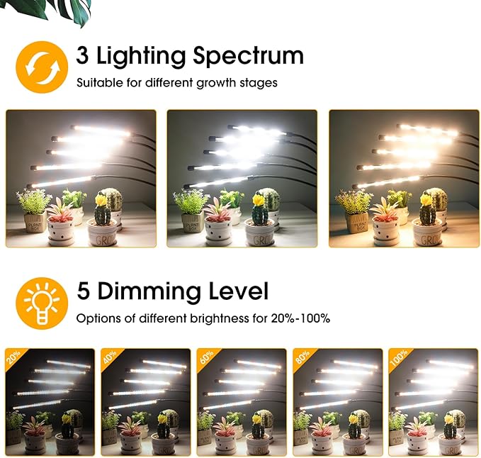 Wolezek Grow Lights for Indoor Plants Full Spectrum, 100 LEDs Plant Lights for Indoor Growing with Adjustable Stand, 5-Head Plant Grow Lamp with Auto 6/12/16H Timer, Ideal for Large & Tall Plants