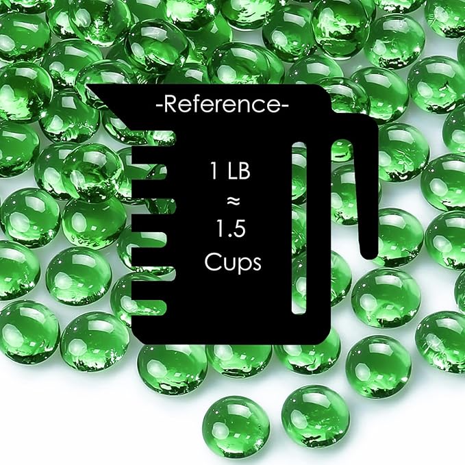 CYS EXCEL Green Glass Gemstone Beads Vase Fillers (1 LB) Flat Marble Beads Multiple Color Choices Aquarium Decor Rocks Floral Stones Decorative Mosaic Glass Gem Pebbles (Approx. 85-100 PCS)