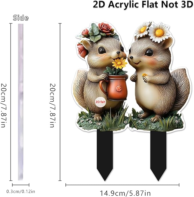 Cute Squirrels Garden Stake Decor, 2D Flat Stained Acrylic Animal Sign, Small Animal Ornament Indoor Outdoor Yard Lawn Pot Plant Decorative Accessories