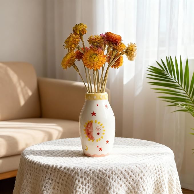 Unique Ceramic Vase, Cute Boho Decor, Small Cream Vase for Dried Flowers or Single Bud - Sun and Moon Face Design