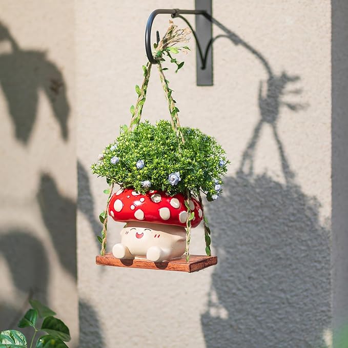 Mushroom Decor for Outdoor Garden: Gardening Plant Gifts for Women Mother Plant Lovers - 3.9inch Opening Cute Smiley Hanging Planter Pot with Drainage