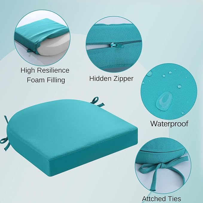 idee-home Outdoor Chair Cushions Set of 4, Thick 19" x 19" x 2" Outdoor Seat Cushions Patio Furniture Waterproof with Ties, Dining Pads