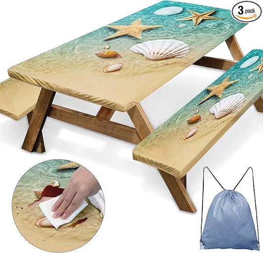 Picnic Table Cover with Bench Covers Elastic Edges, Beach Fitted Table Cover, Outdoor Patio Camping Essentials 96 Inch 3PCS, Waterproof Camping Fitted Tablecloth with Drawstring Bag