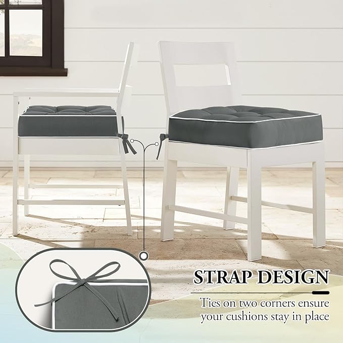 Wellsin Outdoor Chair Cushions Set of 2, Patio Cushions for Outdoor Furniture, Tufted Waterproof Outdoor Chair Pads, 19 x 19 Inch, Dark Gray
