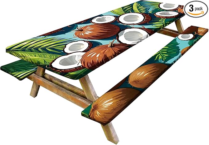 Tropical Paradise Picnic Table Cover with Bench Covers Set of 3 - Coconut & Palm Leaves Print, Elastic Fitted Tablecloth for 6 Ft Tables, Washable Polyester Cover for Patio, Indoor & Outdoor