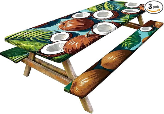 Tropical Paradise Picnic Table Cover with Bench Covers Set of 3 - Coconut & Palm Leaves Print, Elastic Fitted Tablecloth for 6 Ft Tables, Washable Polyester Cover for Patio, Indoor & Outdoor