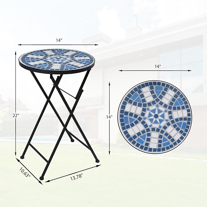 VCUTEKA Mosaic Outdoor Side Table, Patio Side Tables with 14" Ceramic Tile Top for Outside, Indoor Accent Table for Yard, Garden, Living Room, Bistro Balcony or Lawn