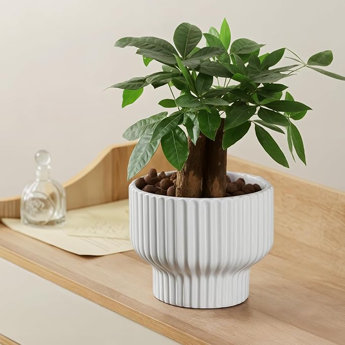 OXART Ceramic Pots for Plants, 7.7 Inch Round Plant Pot with Drainage Hole, Modern Outdoor Flower Pots Home Garden Decorative Planters for House Plants Indoor Planters (White)