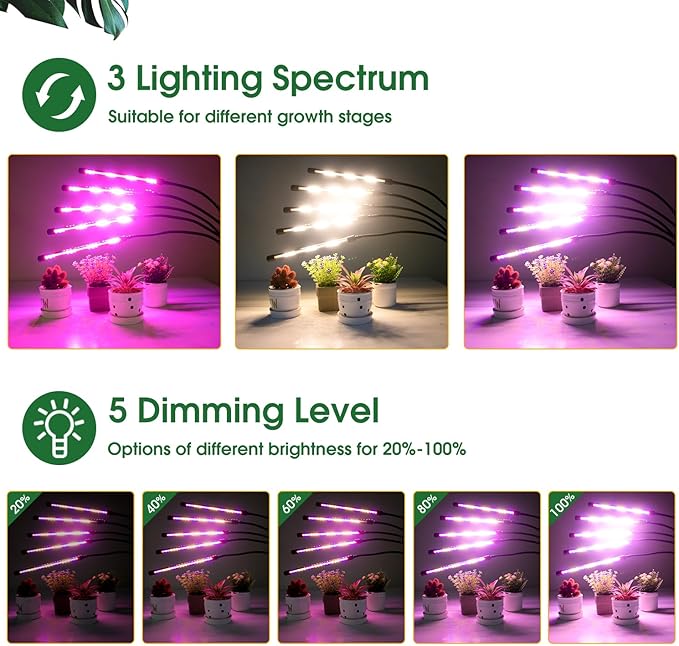 Wolezek Grow Lights for Indoor Plants, 100 LEDs Full Spectrum Plant Lights for Indoor Growing with Adjustable Stand, 5-Heads Grow Lamp with Auto 6/12/16H Timer, 3 Light Modes, 5 Levels Dimmable