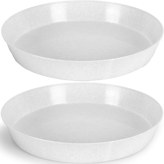 14 Inch (12 inch Base) Case of 2 Plant Saucers - White Granite Colored Polypropylene,Heavy Duty Indoor/Outdoor Tray and Drip Pan,Collects Flower Pot Excess Water Made in USA