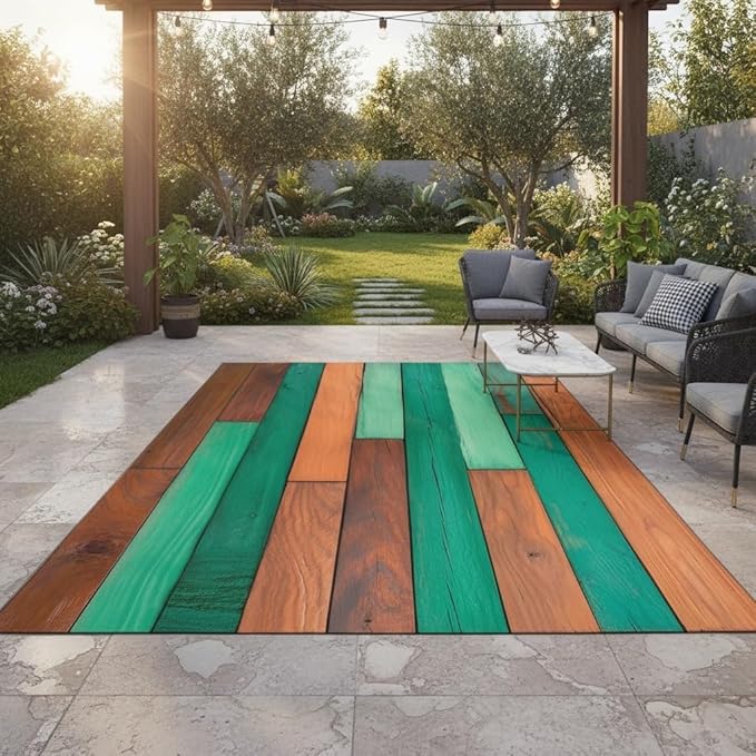 Green Orange Brown Wooden Board 7x9 Farmhouse Outdoor Area Rug for Porch Balcony Garden Camping Deck Pool Lightweight Non Shedding Waterproof Outside Carpet Machine Washable Foldable Floor Mat