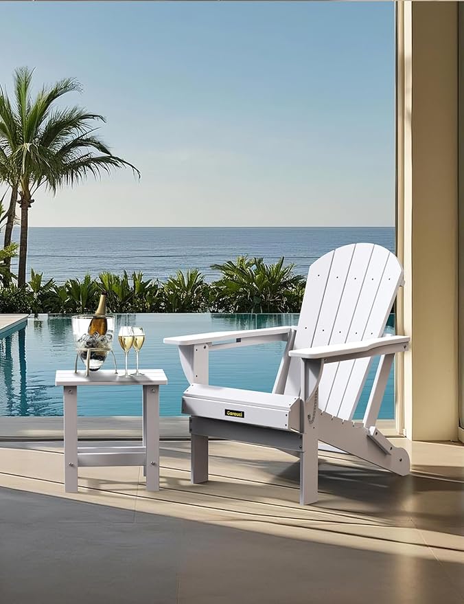 Carauci Plastic HDPE Adirondack Chair, Folding Adirondack Chair Weather Resistant with Cup Holder, Wooden Textured Fire Pit Outdoor Chair for Garden, Porch, Lawn, Backyard, Supports 380LBS, White