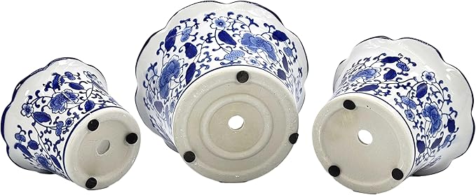 Galt International Blue & White Floral Porcelain Ceramic Decorative Flower Pot 8"/6"/4.5" Garden Pots Chinese Asian Design - Set of 3 Cylinder Fluted Edge