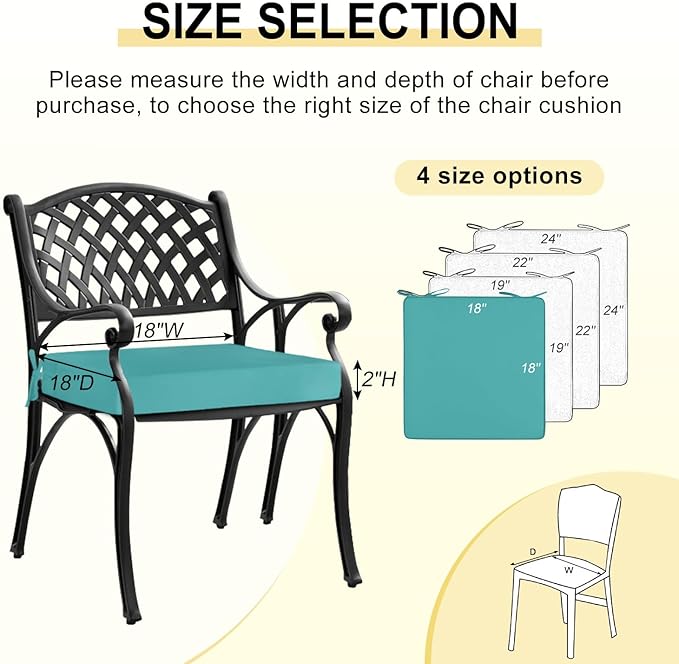 downluxe Waterproof Outdoor Chair Cushions for Patio Furniture, 18" x 18" x 2" Patio Chair Cushion with Adjustable Ties & Portable Handle, Square Outdoor Cushion with Removable Cover, Teal, 2 Pack