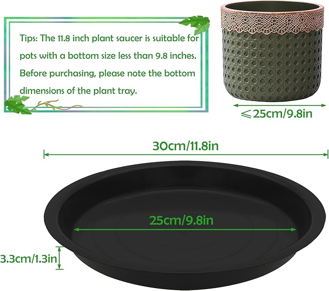 12 Pack 12 Inch Round Plant Saucers for Less 10 Inch Pot Indoors Outdoors Plant Trays for Pots Planter Saucer Plastic Drip Tray Planter Water Tray (Black, 12"(12pcs))