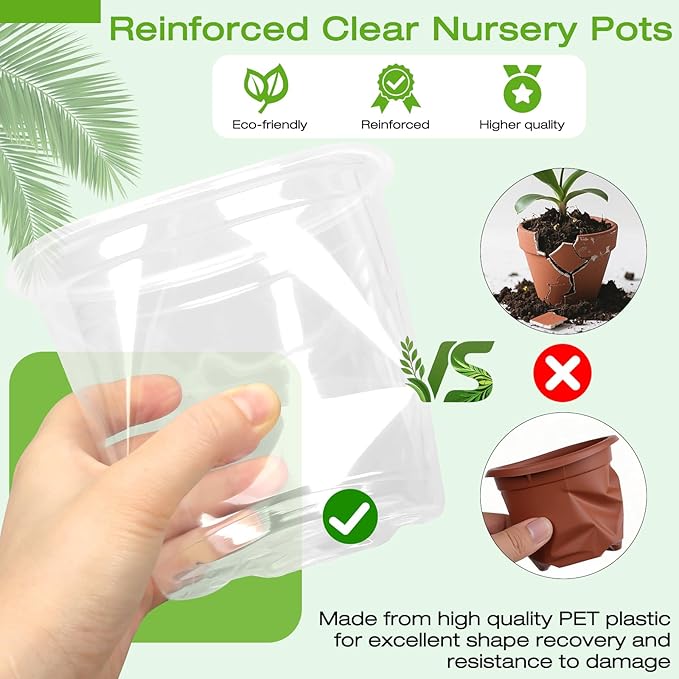 6 Inch Clear Nursery Pots with Drainage Trays, 15 Pack Plastic Pots for Plants, Clear Pot for Seed Starting, Transplanting, Succulents, and Indoor Gardening (6 inch)