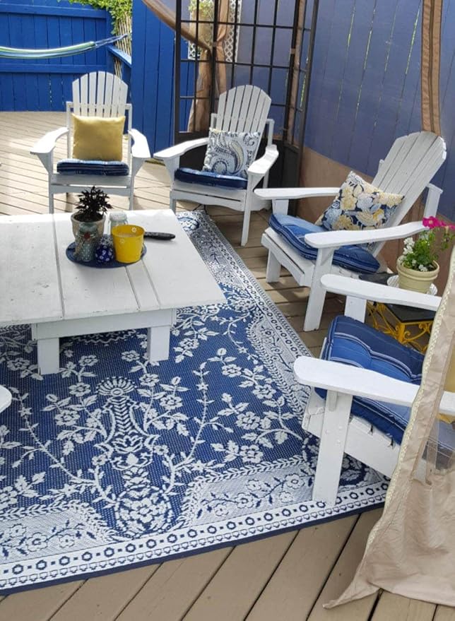 Mad Mats Traditional Outdoor Rug, Reversible Plastic Mat (6' x 9', Oriental Garland - Blue/White)