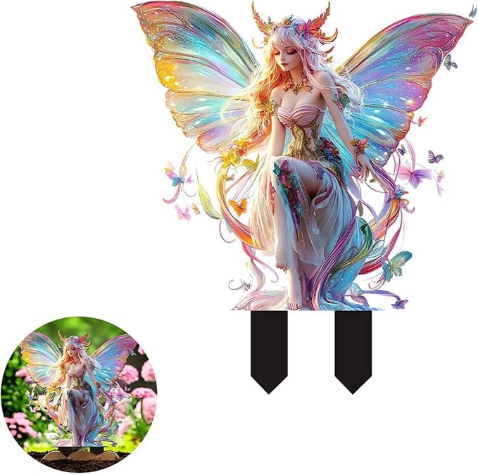 JOYO 11.8''Bohemian Fairy Flower Pot Decoration,2D Acrylic Ground Plug,Fairy Garden Planter Accessories,Fairy Pumpkin Angel Garden Stake for Pot Plants and Garden Yard Lawn Décor (R)