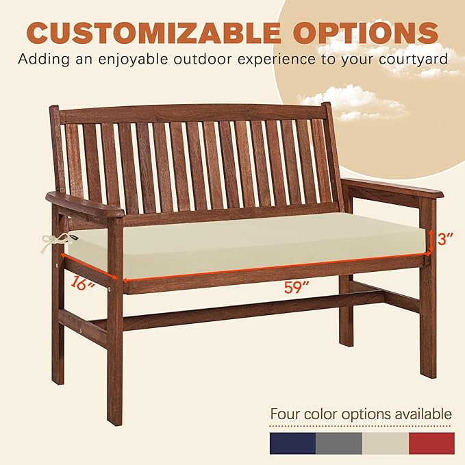 Favoyard Outdoor Bench Cushion 59 x 16 Inch Rainproof Patio Furniture Cushions 3-Year Color Fastness Garden Settee Porch Pads with Ties, Beige