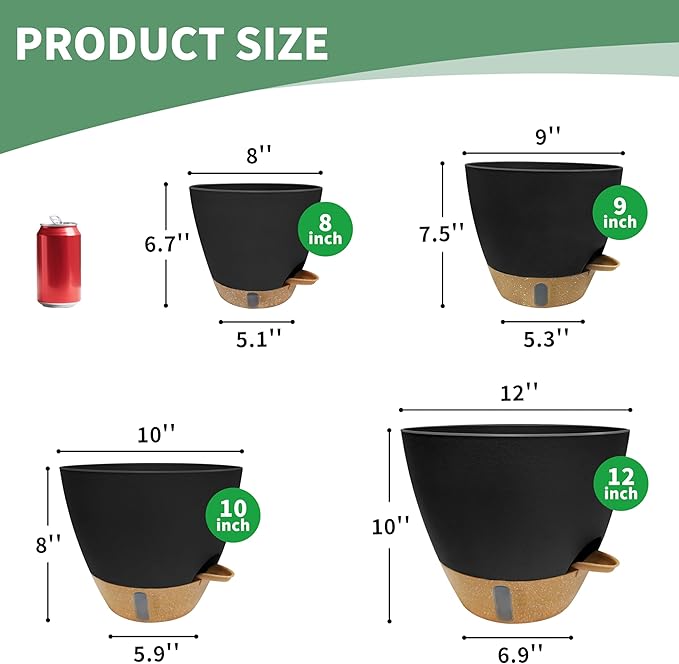 MNKXL 12"/10"/9"/8" Self Watering Pots with Visual Water Window,Extra Large Self Watering Plant Pots with Drainage Holes & Saucers,Black Planters for Indoor Plants,4-Pack
