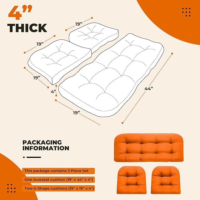Wicker Chair Cushions, Waterproof Outdoor Loveseat Cushions for Patio Furniture, 3 Pieces Wicker Furniture Cushions, 1 Loveseat and 2 U-Shaped Cushions, Orange
